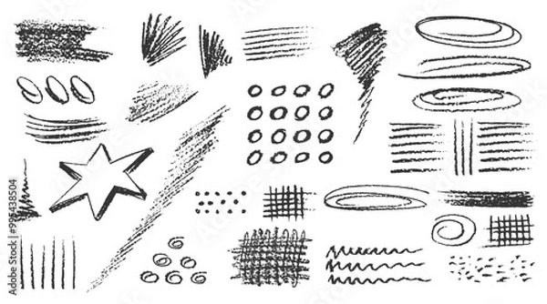 Obraz Charcoal pencil hand drawing curly lines, splash, squiggles and shapes. Black elements on white background. Grunge chalk crayon scribbles doodles textures. Rough crayon strokes. Vector illustration