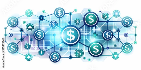Obraz Flat Glowing Abstract Cash Acquisition with Digital Assets Icons for Business Marketing | Modern Vector Illustration of Financial Transactions