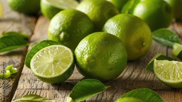 Fototapeta Fresh limes displayed on a wooden table