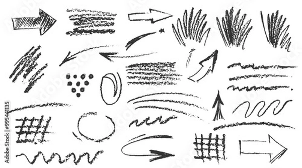 Obraz Charcoal pencil hand drawing curly lines, splash, squiggles and shapes. Black elements on white background. Grunge chalk crayon scribbles doodles textures. Rough crayon strokes. Vector illustration