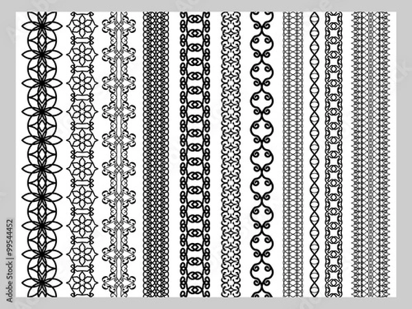Obraz Set of ten seamless endless decorative lines. Indian decoration border  elements patterns in black and white colors.  Could be used as divider, frame, etc. Vector illustrations.