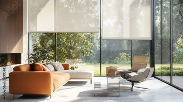Fototapeta Automated window coverings enhance modern interiors, providing convenience and comfort:

* Motorized blinds offer effortless control, while large solar shades block the sun