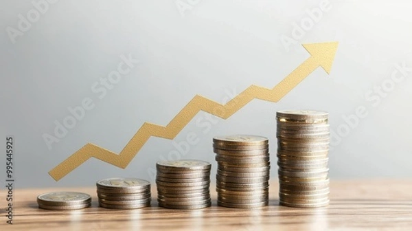 Fototapeta Stacked Coins with Upward Arrow Symbolizing Growth