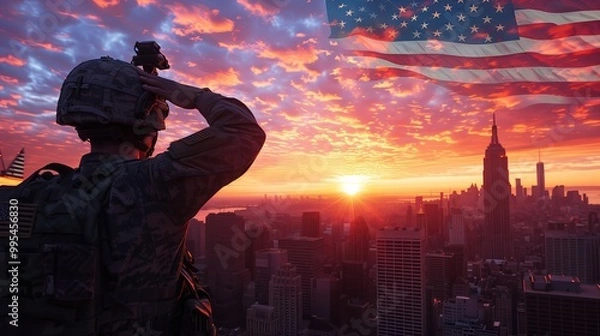 Fototapeta army soldier standing on the left angle saluting witn new york skyline and a huge transparent American flag