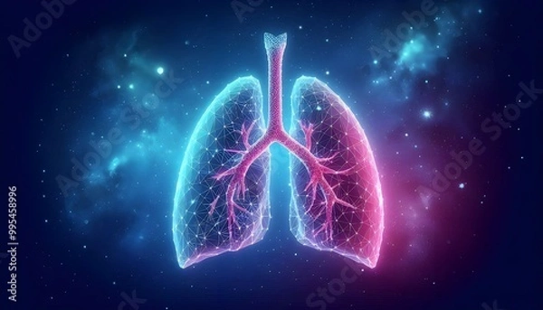 Fototapeta A low poly, polygonal illustration of human lungs, glowing in blue and pink, set against a starry, space-themed background representing health and technology, banner with copy space