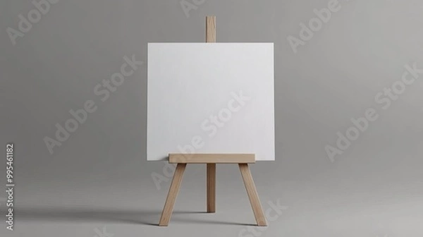 Fototapeta Empty artist's canvas rests on a wooden easel, ready to be filled with creativity and imagination. The neutral gray backdrop highlights the blank canvas as a place for artistic expression. 