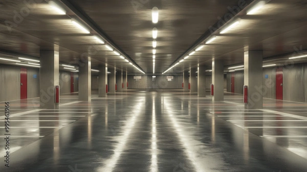 Fototapeta A sleek and spacious modern apartment parking space with clean lines and well-organized parking slots. The design emphasizes efficiency and functionality
