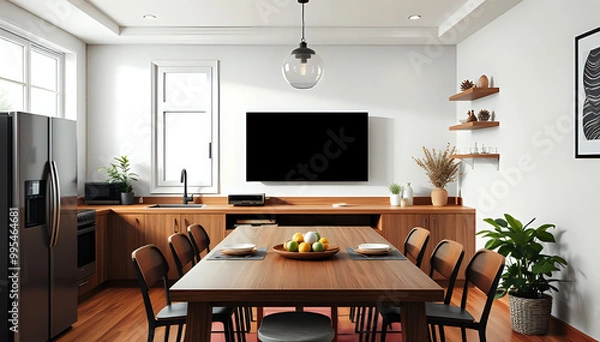 Fototapeta Contemporary home kitchen featuring a dining table, a TV display, a window, and an adaptable mock-up wall.