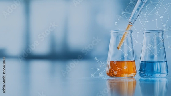 Fototapeta A scientist conducting experiments in a laboratory filled with glassware, tubes, and colorful liquids