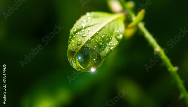Fototapeta Close-up of raindrops on leaf and blurry background.