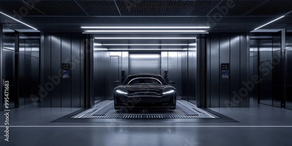 Fototapeta A sleek, modern car elevator within a parking lot, featuring high-tech design, smooth operation, and efficient vehicle transport.