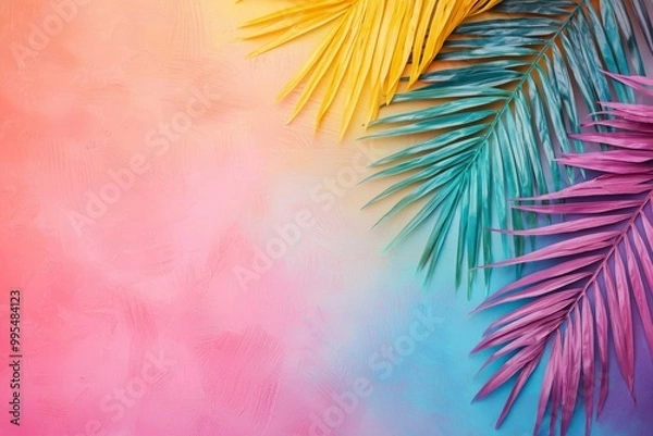 Fototapeta Colorful Palm Leaves on a Multicolored Painted Background