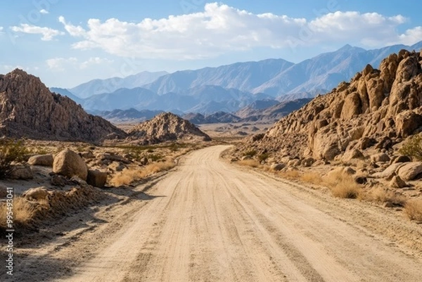 Fototapeta A winding dirt road leads through a desert landscape. The road leads to a mountain range in the distance, perfect for adventure and journey themes.