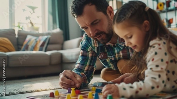Obraz Father and daughter enjoying a fun board game together at home. Quality time builds strong family bonds and creates lasting memories.