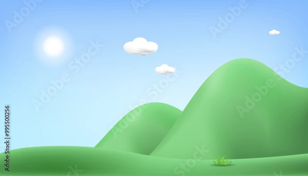 Obraz 3d landscape mountain and hills illustration with 3d trees, cloud and sun. vector illustration.	