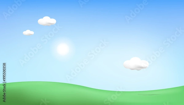 Obraz 3d landscape mountain and hills illustration with 3d trees, cloud and sun. vector illustration.	