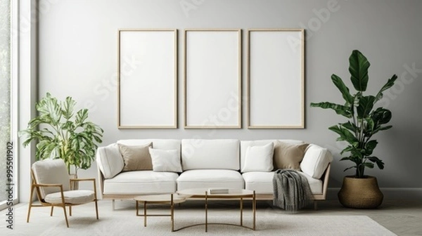 Fototapeta Light living room with sofas, a rattan table, and a soft carpet. 