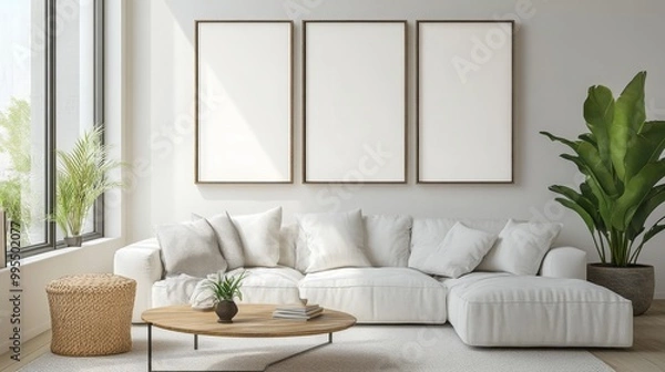 Fototapeta Light living room with sofas, a rattan table, and a soft carpet. 