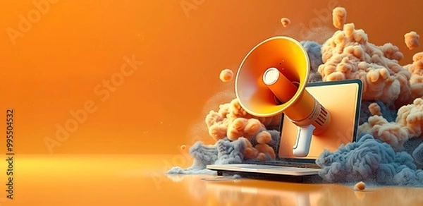 Obraz A megaphone pops out of a laptop screen, surrounded by abstract shapes and color, symbolizing the power of digital marketing and communication.