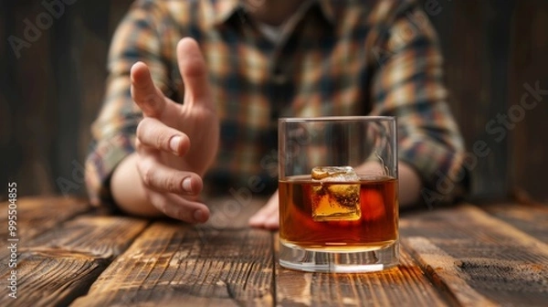 Fototapeta man refuses say no and avoid to drink an alcohol whiskey , stopping hand sign male, alcoholism treatment, alcohol addiction, quit booze, Stop Drinking Alcohol. Refuse Glass liquor, unhealthy, reject