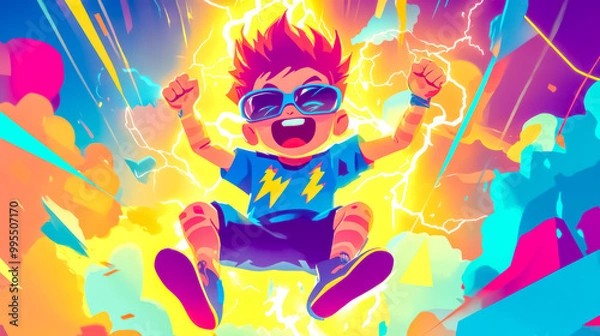 Fototapeta Young boy jumping celebrating success with electric background