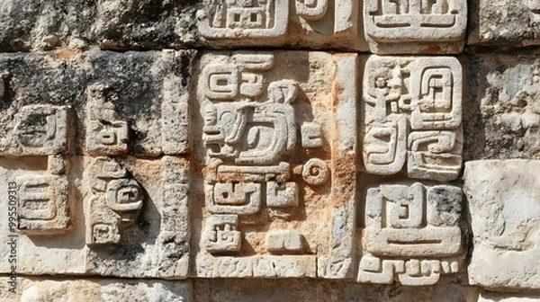 Fototapeta Closeup view of an intricate hieroglyphic inscription carved into a stone monument depicting a historical narrative or events from the ancient Mesoamerican civilization