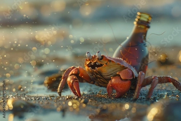 Fototapeta A crab discovers a glass bottle on a sandy beach during low tide, with gentle waves crashing in the background at sunset