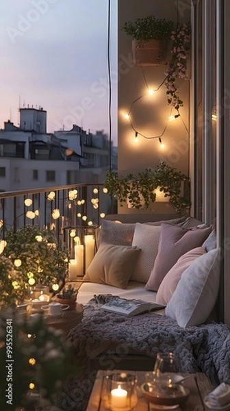 Fototapeta A Scandinavian-style balcony adorned with cozy outdoor furniture, string lights, and potted plants creates an inviting atmosphere for relaxation in the evening