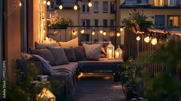 Fototapeta A Scandinavian-style balcony adorned with cozy outdoor furniture, string lights, and potted plants creates an inviting atmosphere for relaxation in the evening