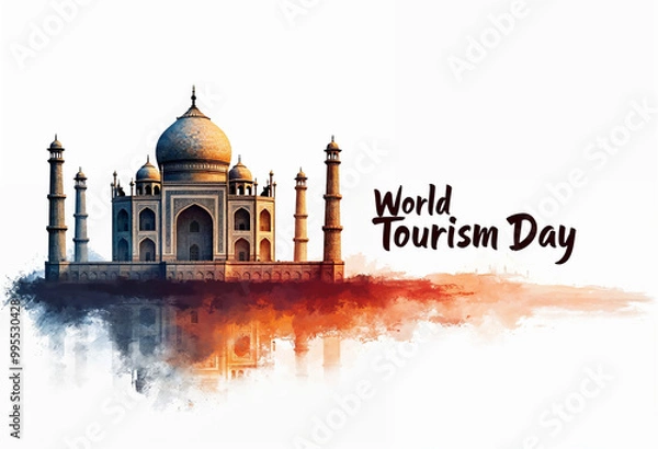 Obraz World Tourism Day banner showcasing the Taj Mahal in its full architectural glory, with the text 'World Tourism Day' 