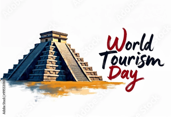Obraz World Tourism Day banner featuring the Chichen Itza pyramid in Mexico, with the text 'World Tourism Day'
