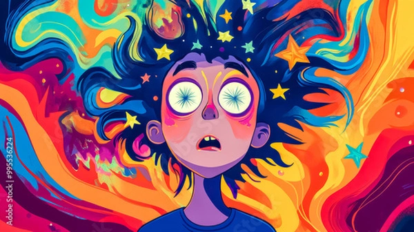 Obraz Young person experiencing sensory overload with vivid colors and stars
