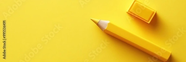 Fototapeta A vibrant yellow pencil rests beside a yellow eraser on a bright yellow background, perfect for creative and educational themes, background with copy space