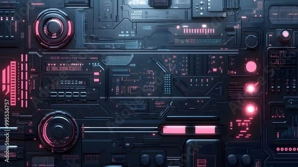 Fototapeta Futuristic tech elements in a sleek grid pattern on a muted gray background