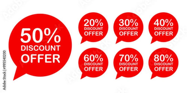 Fototapeta Sale discounts label starting from 20, 30, 40, 50, 60, 70, 80 percent. Trendy red sales promotion banner element. Vector illustration