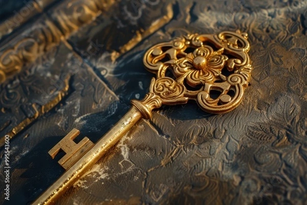 Fototapeta An ornate golden key resting atop an intricately designed metallic surface, showcasing detailed craftsmanship and artistic elements under soft lighting