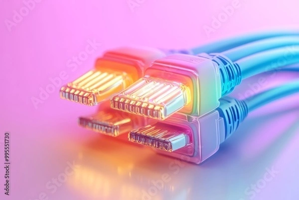 Fototapeta Pink yellow and blue Ethernet cables with rainbow connectors on a pastel background symbolizing colorful and secure data connections