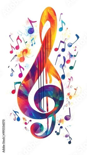 Fototapeta Colorful musical notes and treble clefs on a white background, vector illustration with space for text or message