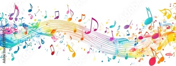 Fototapeta Colorful musical notes and treble clefs on a white background, vector illustration with space for text or message