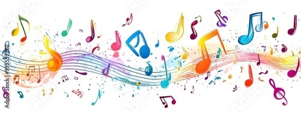 Fototapeta Colorful musical notes and treble clefs on a white background, vector illustration with space for text or message