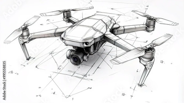 Obraz 
Detailed technical drawing of an advanced drone with a camera, white background
