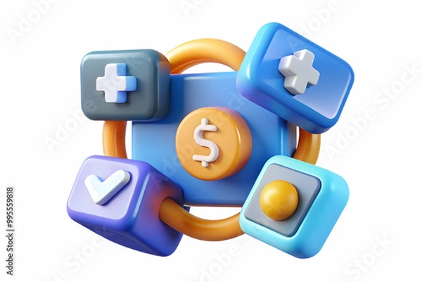 Fototapeta 3D Glowing Abstract Cash Acquisition Art Featuring Merging Icons for Business and Financial Promotions on Isolated White Background