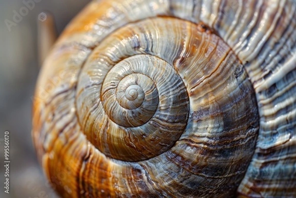 Fototapeta Close-up view of a spiral shell with intricate patterns found on a sandy beach during early morning light, showcasing natural beauty and marine life