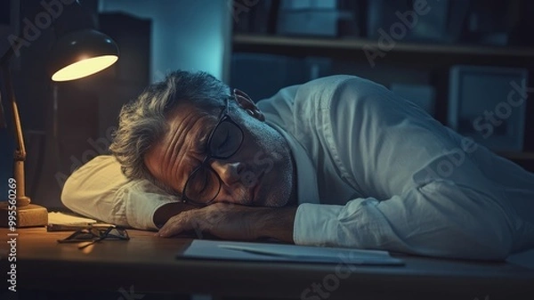 Fototapeta A tired man in glasses falls asleep at his desk under a warm lamp light, showing signs of overwork and exhaustion.