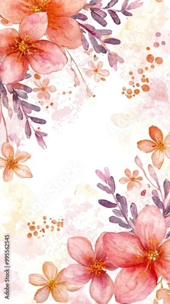 Fototapeta Watercolor Floral Border with Pink and Peach Flowers
