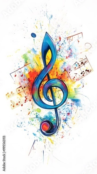 Fototapeta Colorful musical notes and treble clefs on a white background, vector illustration with space for text or message