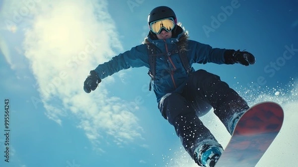 Fototapeta Snowboarder mid-air against a clear blue sky, performing a dynamic stunt, wearing blue and black winter gear, set against bright sunlight and drifting white clouds.