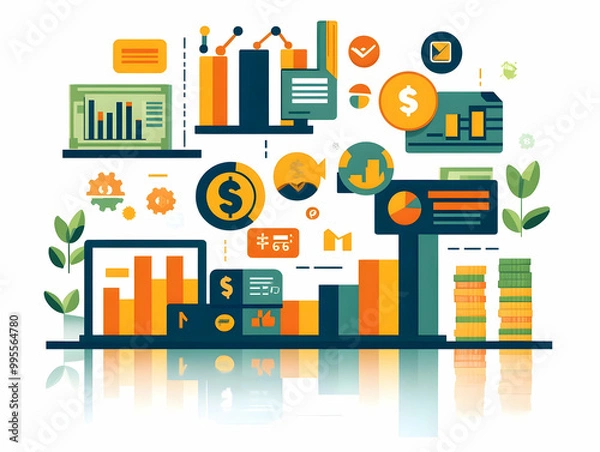 Fototapeta Flat Glossy Cash Flow Background with Corporate Growth Icons - Sleek Vector Design Representing Business Expansion and Financial Growth for Corporate Promotions