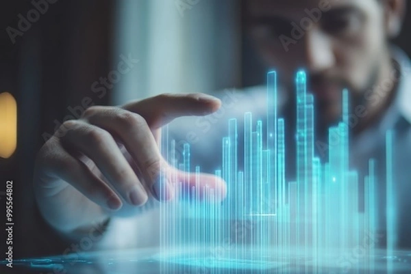 Fototapeta A person interacting with a digital data visualization in a modern setting.