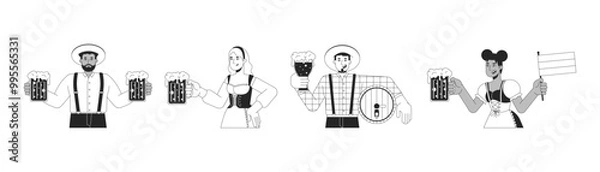 Fototapeta Diverse party guests enjoying oktoberfest black and white 2D line characters set. Positive adults with craft beer having fun isolated vector outline people. Monochrome spot illustrations collection